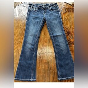 Rock & Roll Rival Women’s 28x28 Low Rise Embellished Distressed Cowgirl Jeans